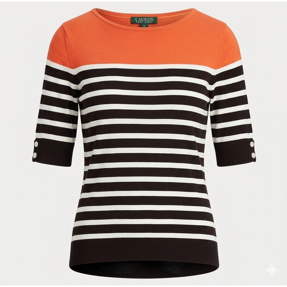 Lauren Ralph Lauren Striped Colorblock Knit Top Nautical Preppy Womens L Orange - Picture 1 of 7